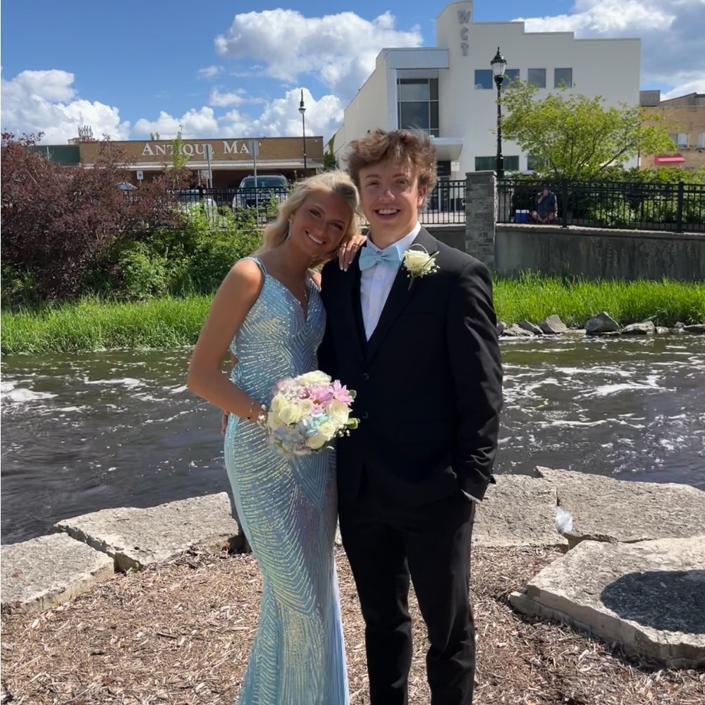 Windsor Blue Sequin Prom Dress with Plunging Neckline - Picture 5 of 11